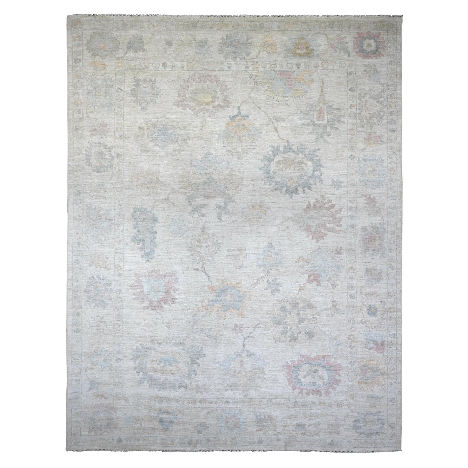 Linen White, 100% Wool, Afghan Angora Oushak with Large Leaf Design, Hand Knotted, Vegetable Dyes, Oriental Rug